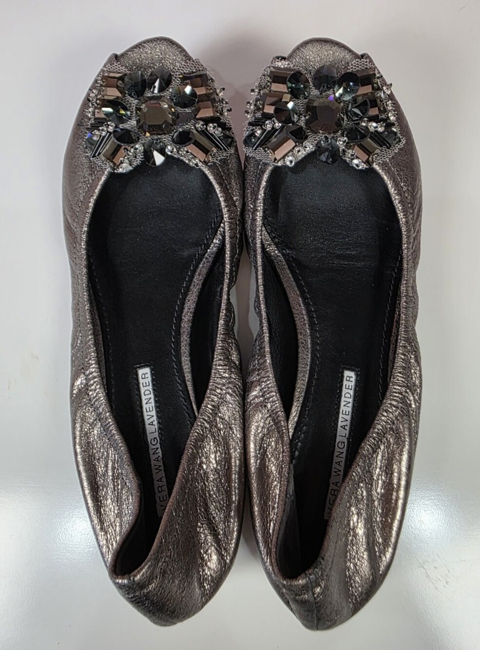 Vera Wang Lavender Metallic Jeweled Peep Toe Flats 8.5